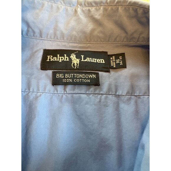 Ralph Lauren Big Button Down Shirt 16 34/35 Blue 100% Cotton Long Sleeve FLAW - Picture 3 of 6